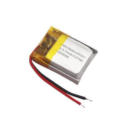 ชุดแบตเตอรี่ IoT แบบบางแบบชาร์จใหม่ได้ 3.7 V 75mAh LiPo Battery 651417